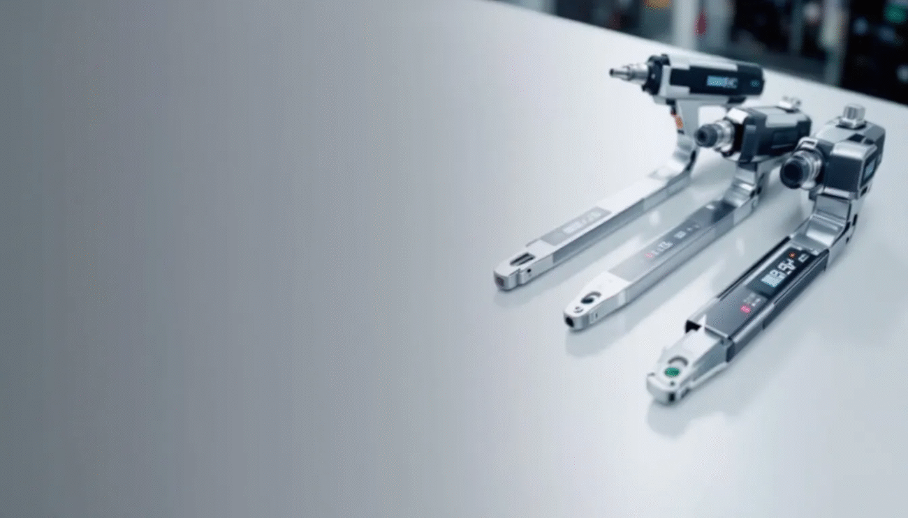 Different types of digital torque wrenches displayed on a workbench.